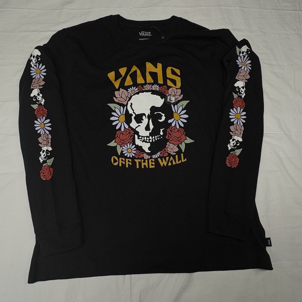 Vans Mens Large Black Long Sleeve T-Shirt Skull Roses Flowers Off The Wall